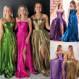 Gold Metallic Winter Formal Party Dress 2k24 Pleated Slit Preteen Lady Pageant Prom Evening Event Hoco Gala Graduation Homecoming Dance Gown V-Cut Open Back Peacock