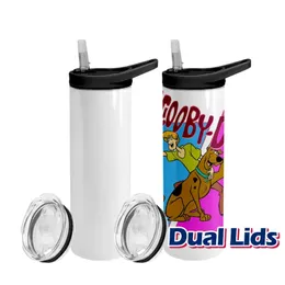 Dual Lids Blank Sublimation Tumbler with Black Grey handle Lid 20oz STRAIGHT skinny tumbler Stainless Steel Vacuum Tumbler with 2 Lids, Straws 124