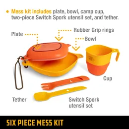 Kit de bagunça de acampamento de 6 peças com tigela, prato, copo de acampamento e conjunto de utensílios de garfo de interruptor