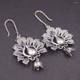 Dingle örhängen verklig solid 925 Sterling Silver Women Gift Lucky Filigree Flower Peacock