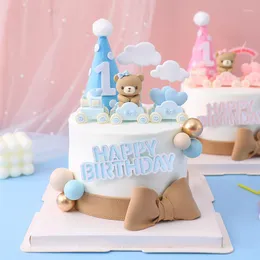 Festive Supplies Cute Pink Blue Bear Train Birthday Cake Topper Insert Sign Doll Ornament Cartoon Children's First Decorations