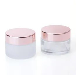 Bottiglia di crema di vetro trasparente smerigliato Vaso cosmetico Lozione Balsamo per labbra Contenitore con coperchio in oro rosa 5g 10g 15g 20g 30g 50g 100g SN755