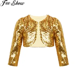 Jackor Feeshow Kids Girls Baby Jacket Palt Sparkly paljetter Cropped Blazer Bolero rycksug Cardigan Top Clothes Stage Performance Costumes 230424