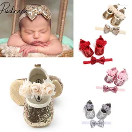 First Walkers Born Infant Baby Girls Boys Summer Crib Shoes 3 Style Sequined Floral Flat Hook Princess Headband 2PCS