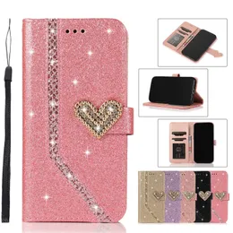 Bling Diamond Glitter Leather Wallet Wallet لـ Samsung S20 S21 Fe S21 S22 Plus S23 Ultra Note 8 9 10 Plus S8 S8 S10 Plus A10 A20 A71 Huawei Phone Case