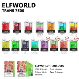 Original Elfworld TRANS 7500Puffs E Cigarros Caixa Descartável Vape Pen 650mAh Recarregável 15ml Recarregado Cartuchos de Reutilização Bobina de Malha Vapes Pod Bar