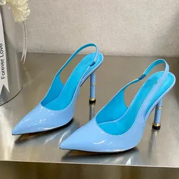 Sandálias elegantes sapatos de grife feminino salto alto laca couro vestido bico fino envolto atrás tornozelo banda sandália festa casamento verão