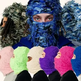 Ciclismo Caps Máscaras Balaclava Angustiado Tricotado Full Face Hip Hop Camuflagem Fleece Ski Beanies Outdoor Keep Warm Anti Wind Hat para Mulheres Homens 231124