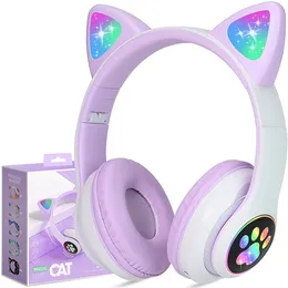 Auriculares para niños, auriculares inalámbricos para orejas de gato, LED ilumino Bluetooth sobre los auriculares de la oreja para los auriculares Purple para niños niños adolescentes