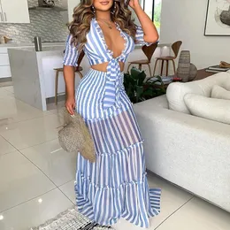 Arbeitskleider Frauen modische gestreifte zweiteilige Kleidersets weibliche Sommer Bohemian sexy Maxi lange Röcke und schlanke Krawatten vorne Crop Tops 2pcs