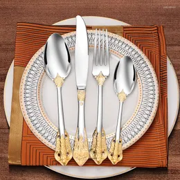 Dinnerware Sets Retro Stainless Steel Royal Court Relief Gold Flower Knife Fork Spoon Household Utensils El Western Tableware