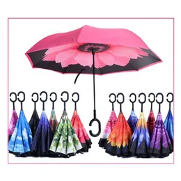 18 스타일의 인쇄 된 역방향 우산 이중 레이어 C 핸들 우산 역 방향 방풍 폴딩 우산 맑은 비오는 우산 파라 게스 인버소 드로 블라 카파
