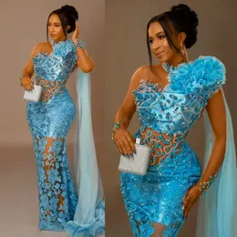 2023 ASO EBI Blue Mermaid Sheer Neck Illusion Prom Dress Luxious Tulle Lace Party Evening Second Reception Birthday Engagement African Gowns Dresses AM012