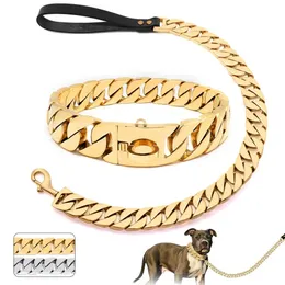 Coleiras de cachorro trelas de aço inoxidável ouro cão corrente trela super forte cão metal durável prata tração corda corrente sólida para acessórios de jóias de animais de estimação 231124