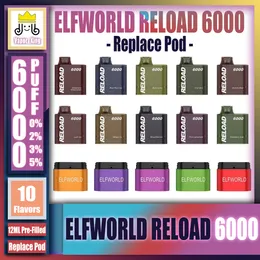 Original ELFWORLD RELOAD 6000 ersetzt Pod 6k Puff 6000 6K wiederaufladbare Einweg-E-Zigaretten-Geräte Vape Pen mit Typ-C 650 mAh Akku 12 ml ELF WORLD