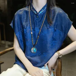 Blouses pour femmes Haut de gamme élégant bleu délicat brodé jacquard chemisier ample pour les femmes 2023 été style chinois amélioré Hanfu haut