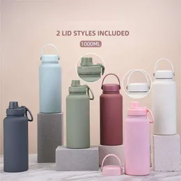 2 Lids Sports Stainless Steel Water Bottles Wide Mouth Vacuum Insulated Reusable Leak Proof BPA-Free Travel Metal Canteen Thermos Bottles for Men Women Gym