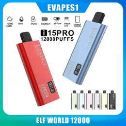 Original Elfworld i15Pro 12000 Puffs Disposable Vape Pen 18ml Prefilled E Cigarette 0/2/3/5% Nic With 600mAh Rechargeable Battery Mesh Coil Pod Bar VS vapem bang zooy