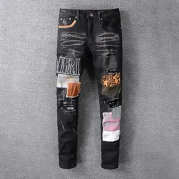 Pantalones de mezclilla de ropa de diseñador tendencia callejera estilo amiiri negro parche creativo agujero estiramiento de jeans pequeños jeans pequeños pantalones flacos desgastados