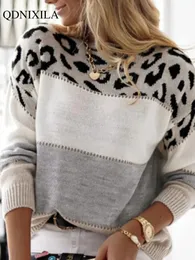 Kvinnors tröjor 2023 Autumn Winter Color Leopard Print Sweater Knit Långärmad topp Korean Fashion Streetwear Overized Vintage Pullover 231123