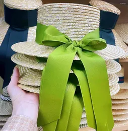 Basker Green Straw Hat Bow Ribbon Top Flat Women's Summer Beach Semester Wheat Sun