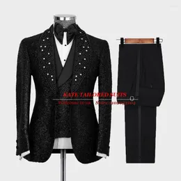 Men's Suits Luxury Groom Men Wedding Sparkly Sequins Prom Party Tuxedo Tailore-Made 3 Pieces Black Peaked Laple Blazer Vest Pants 2023