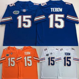 Özel Erkekler Koleji Florida Gators Formaları Beyaz Turuncu Mavi 15 Tim Tebow Yetişkin Boyut Amerikan Futbol Giyim Dikişli Jersey Karışım Siparişi