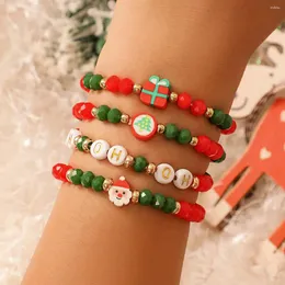 Charme pulseiras chique artesanal tecido contas corda elástica 4pas/conjunto pulseira papai noel árvore de natal pulseira bola de metal natal ano jóias