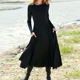 Casual Kleider 2023 Herbst Schwarze Frauen Maxi Kleid Langarm O Hals Mit Tasche Weibliche Urlaub T-shirt Für Herbst roben