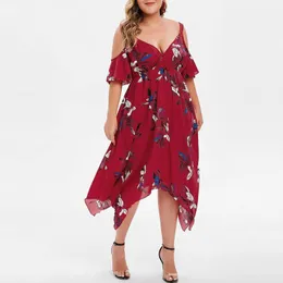 Casual Dresses Summer Womens Open Shoulder Sexy Vneck Spaghetti Strap Floral Print Midi Boho Beach Sundress Plus Size 5xl 230424