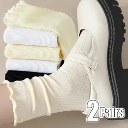 Women Socks 2Pairs Lovely Wooden Ear Edge Pile Middle Tube INS Style Kawaii Light Luxury Solid Color Ruffles Harajuku Cute