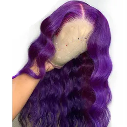 Parte longa e profunda Body Wave Purple Lace Front Wig Side Part Sintética full lace Wigs for Women Heat Resistant Glueless Wig240o