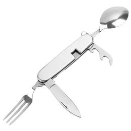 4 in 1 Portable Camping Cutlery Set Stainless Steel Folding Fork Spoon Knife Opener Detachable Tableware Travel Kitchen Utensils