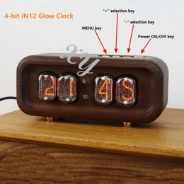 Zegrze biurka 4-bitowa In12 Retro kolekcja DIY Clock Black Walnut Solid Wood Glow Tube Cyfrowy Zegar domowy Dekoracja Dekoracja Ręcznie wykonana technologia 231123