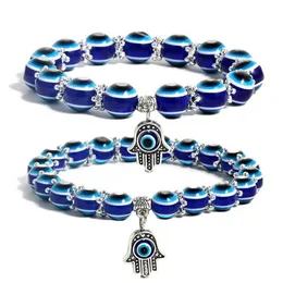 Bärade Evil Eye Pärled Strand Armband Hand of Fatima Turkish Lucky Blue Eyes Stretch Pärlor Armband 8mm/10mm pärlsmycken Drop Deliv Dhvuz