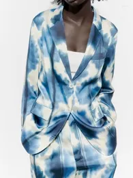 Kadın Suit Kumsvag 2023 Kadın Yaz Blazers Coats Takım Moda Baskı Saten Gevşek Tek Kesilmiş Kadın Sokak Blazer Giyim