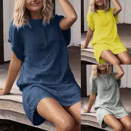 Casual Dresses Summer Loose Solid Color Pocket Short Sleeve Round Neck Cotton Linen Mid Waist Dress Women s Clothing Large Size 230424