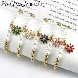 Charm Armband 6st Gold Plated Pearl Shell Stretch Beads Zircon Flower Shape Pendant Armband