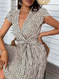 Casual Kleider Msfilia Frauen Sommer V-Ausschnitt Kurzarm Leopard Hohe Taille Strand Bedrucktes Langes Kleid Für Modische 230424