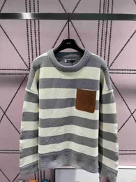 Autumnwinter New Thickened Stripe Contrast Color Sweater Pocket Combination Leather Design Fashionable and Simple Casual Style