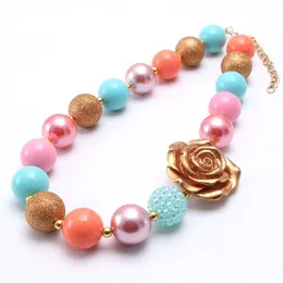 Kids Girl Chunky Beads Necklace Gold Color Rose Flower Nettlace Bubblegum Necklace for Toddler Baby Fashion Jewelry