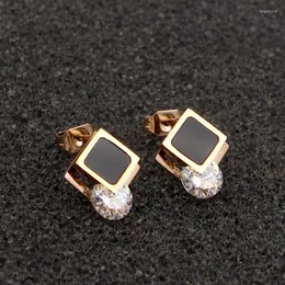 Stud Earrings Martick Cubic Rose Gold Color Square Shape Black Woman Femmal With Shining Rhinestone Jewelry E36