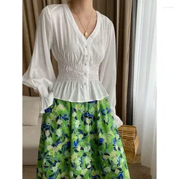 Damen-Poloshirts French Gentle Wind Prise Taillenfalten V-Ausschnitt Drape Shirt Design Sommer Pendeln