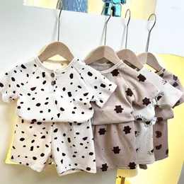 Clothing Sets Kid Waffle Homewear Set Children Unisex Cute Bear Pullover T-shirt Simple Casual Short Sleeves Pajamas Loose Comfortable