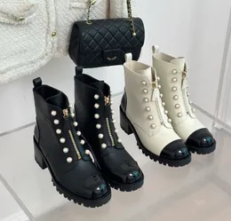 Newest Luxury Designer Chunky High Heel Women Short Boots Pearls Decor Front Zip Designer Real Leather Mixed Color Autumn Boots Daily Comfortable Boots channel