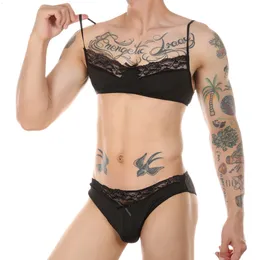 رجال S Sexy Lace Bra مع ملخصات الملابس الداخلية تسخير الجسم الغريب BSMD Sissy Gay Low Rise Branties Lingerie Underpanties