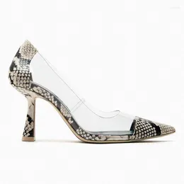 드레스 슈즈 2023 봄 여성 뱀 가죽 스틸레토 하이힐 디자이너 투명한 똥구멍 펌프 뾰족한 발가락 신발