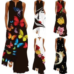 Plus Size Dress For Women Summer Maxi Vintage Sleeveless Fashion Floral Print Casual Ladies Long Dress Harajuku Clothing