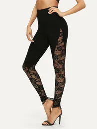 Leggings da donna Sexy Vita alta Pizzo nero Gambe lunghe Fiore da donna Pannello laterale in pizzo Tagliato Gambe lunghe nere S-2XL 230424