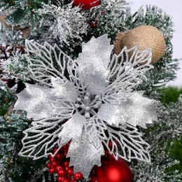 크리스마스 장식 5pcs 9-16cm 반짝이는 인공 인공 크리스마스 꽃 크리스마스 트리 장식을위한 크리스마스 트리 장식 가짜 꽃 크리스마스 장식품 연도 장식 231124